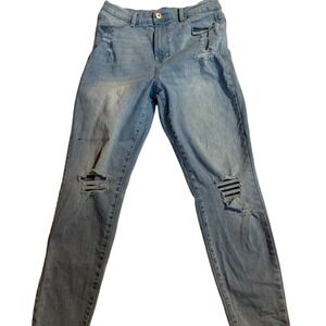 No Boundaries Light Wash Distressed Skinny Jeans Women Size 15 Ripped Blue Denim